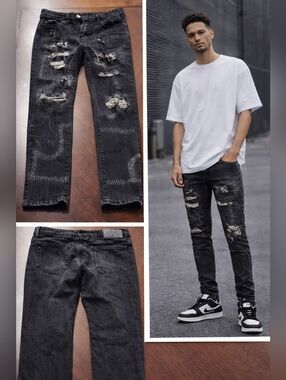 Black Distressed Jeans – Repaired Patchwork Style, Heavy Stitch Detail